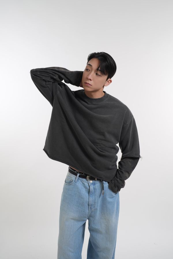 迷彩拼接抽鬚假兩件上衣 