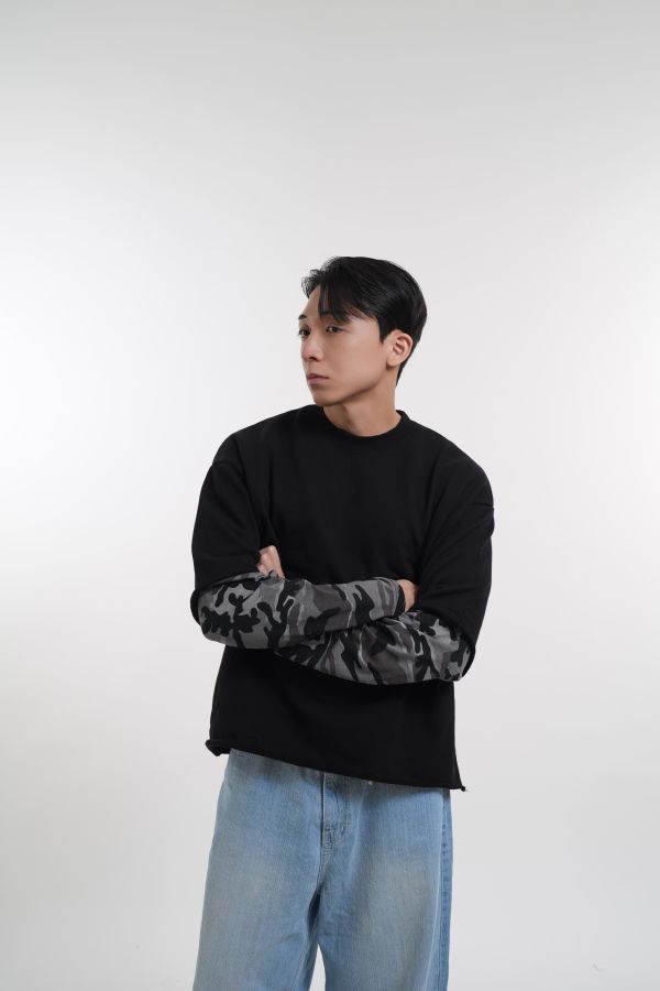 迷彩拼接抽鬚假兩件上衣 