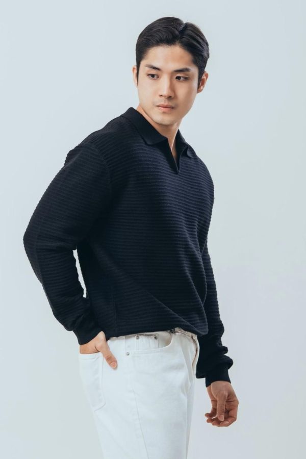 商務休閒羅紋翻領針織上衣 