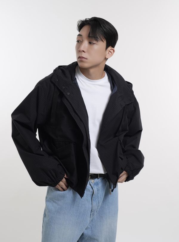 廓形防風感格紋連帽夾克 