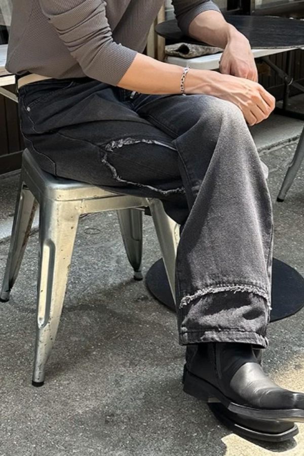 復古刷色剪裁牛仔褲 