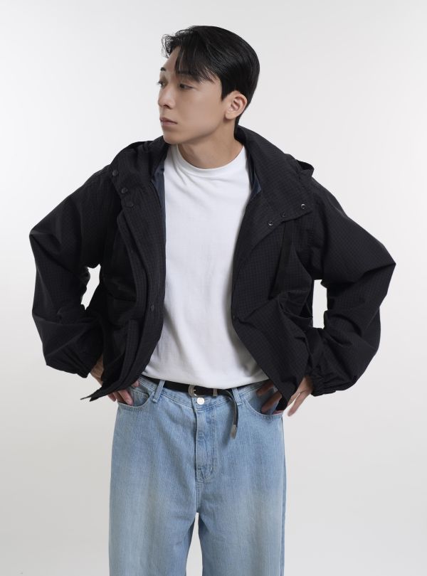 廓形防風感格紋連帽夾克 