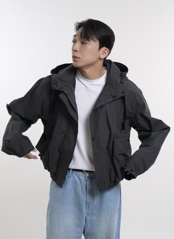 廓形防風感格紋連帽夾克 