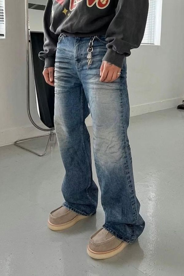 街頭仿舊牛仔小喇叭褲 