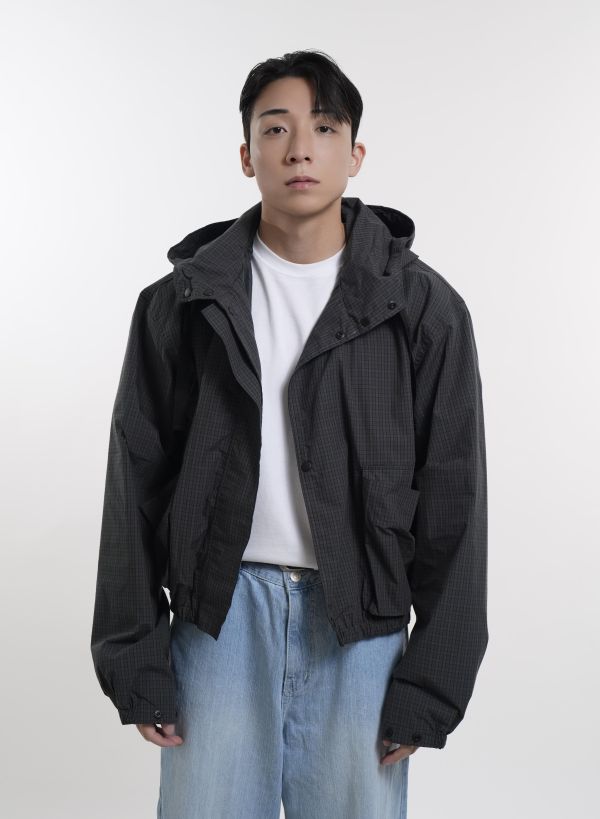 廓形防風感格紋連帽夾克 