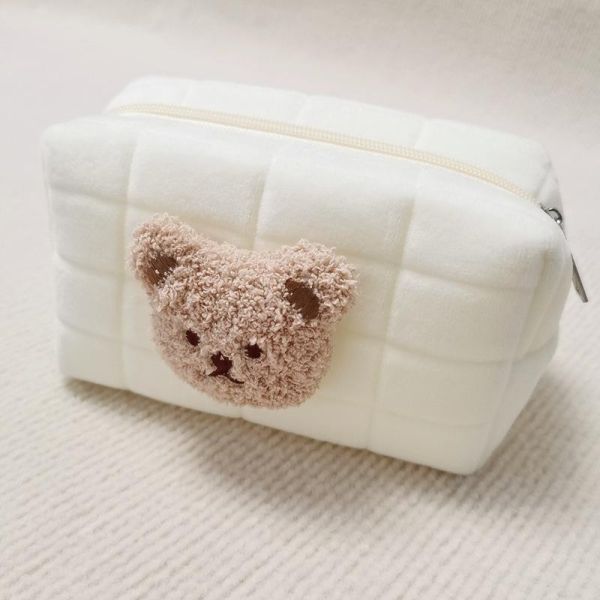 韓風設計刺繡小熊絨布海綿收納袋 