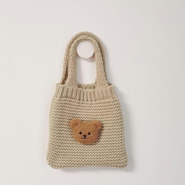 韓國設計風刺繡小熊兒童手提包~卡其 