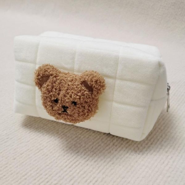 韓風設計刺繡小熊絨布海綿收納袋 