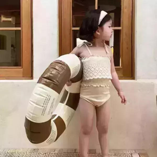 女童連體泳衣鏤空蕾絲花邊綁帶泳裝XL120 