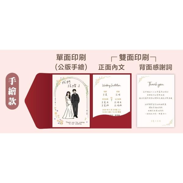 【三摺頁】喜帖｜20份少量印刷 含貼紙 豆豆風 插畫 可加購人像插畫 封蠟貼 結婚 喜帖 西式 