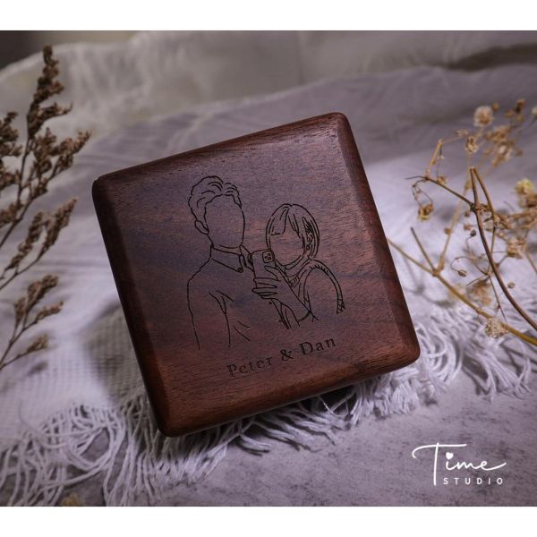 【手繪－雷雕戒指盒】求婚/婚戒盒/鑽戒盒 訂製雷雕服務 情人禮物 胡桃木盒 戒指收納盒 結婚 婚戒 婚禮 