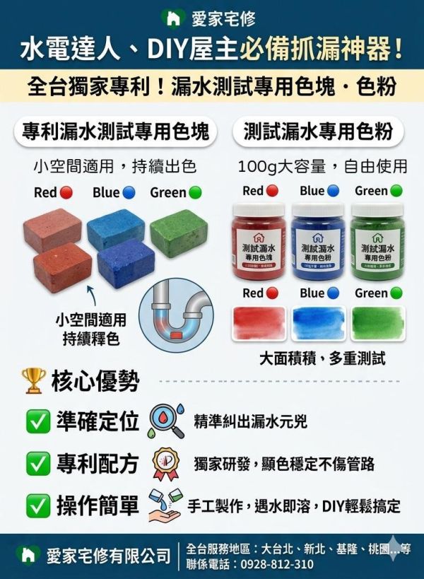 愛家宅修_專利色塊_綠色 <meta name="keywords" content="色塊抓漏儀器, 抓漏儀器, 漏水檢測儀器, 漏水測試設備, 色水抓漏, 色素抓漏, 抓漏設備, 抓漏工具, 漏水檢測, 漏水測試, 抓漏工程, 紅外線熱像抓漏, 管線漏水檢測, 浴室漏水抓漏, 外牆滲水檢測, 天花板漏水檢測, 專業抓漏公司, 抓漏服務">