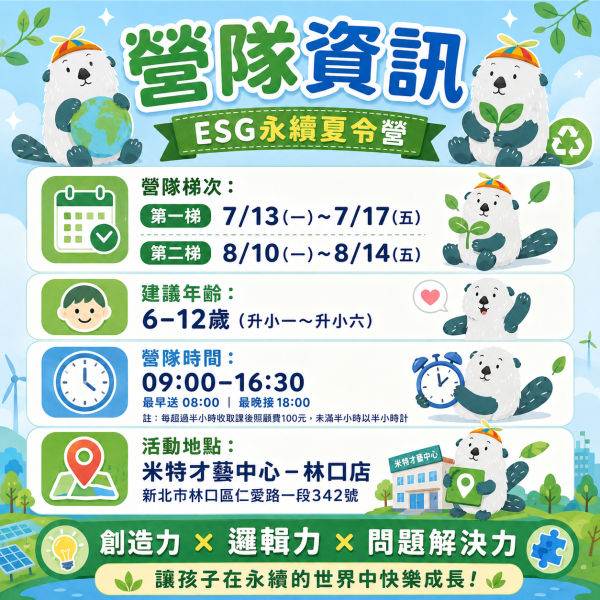 【7/13 ~ 7/17、8/10 ~ 8/14 ESG永續夏令營】 