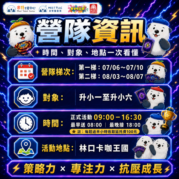 【 7/6 ~ 7/10、8/3 ~ 8/7 米特 x 卡咖王國 x 虹彩屋 戰鬥陀螺x科學實驗營 - 林口】 
