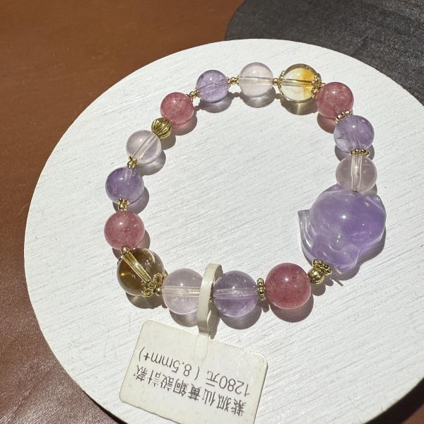 紫狐迎仙・黃晶草莓粉晶設計款手鍊 合鹿工作室,紫水晶狐仙,黃水晶,粉晶,草莓晶,招財手鍊,招桃花水晶,增加魅力,防小人,能量淨化