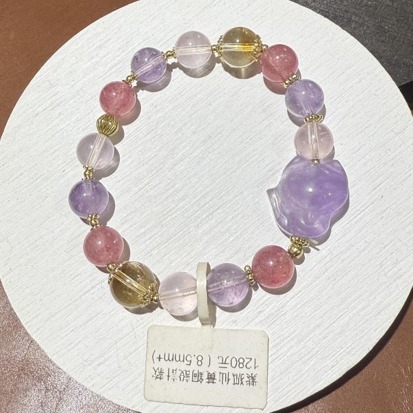 紫狐迎仙・黃晶草莓粉晶設計款手鍊 合鹿工作室,紫水晶狐仙,黃水晶,粉晶,草莓晶,招財手鍊,招桃花水晶,增加魅力,防小人,能量淨化
