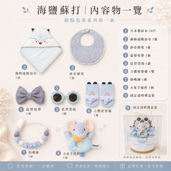 海鹽蘇打尿布蛋糕｜透明禮盒裝 尿布蛋糕,滿月禮,彌月禮,新生兒禮物,寶寶禮物,男寶寶禮物,透明禮盒,週歲禮物