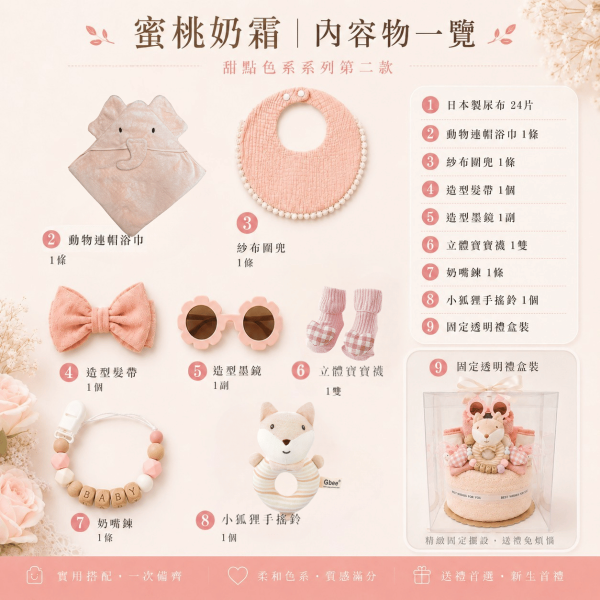 蜜桃奶霜尿布蛋糕｜透明禮盒裝 尿布蛋糕
彌月禮
滿月禮
新生兒送禮
寶寶禮盒
女寶寶禮物
週歲禮物
滿月送禮
新生兒禮物
尿布禮盒
寶寶實用禮物
女寶彌月禮