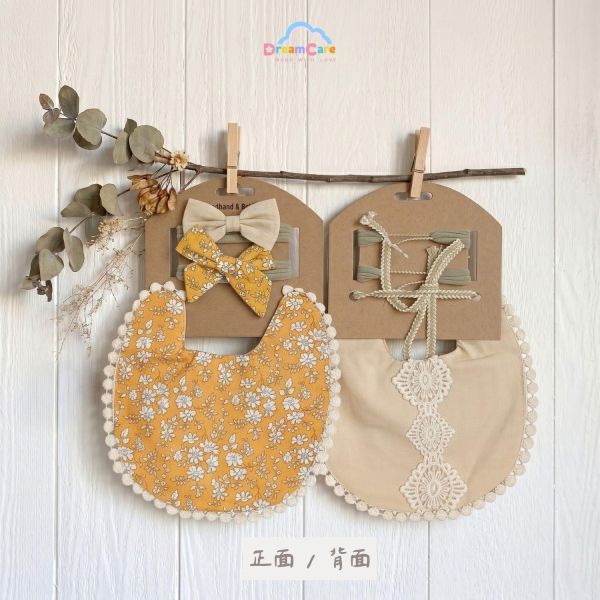 優雅法式雙面圍兜髮帶組｜吸水圍兜＋造型髮帶｜寶寶穿搭必備單品 圍兜髮帶組、造型圍兜、嬰兒髮帶、蝴蝶結髮帶、寶寶口水巾、吸水圍兜、無痕髮帶、新生兒禮物、彌月禮推薦、彌月禮物,、寶寶禮物、育兒用品、DreamCare