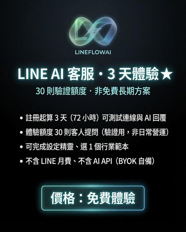 LineFlow LINE AI 客服 · 6 小時體驗註冊 LINE AI客服,LineFlow,季訂,智能客服,官方帳號,入門,6 小時體驗註冊,lineflowai,emmasignal,艾瑪AI免費體驗