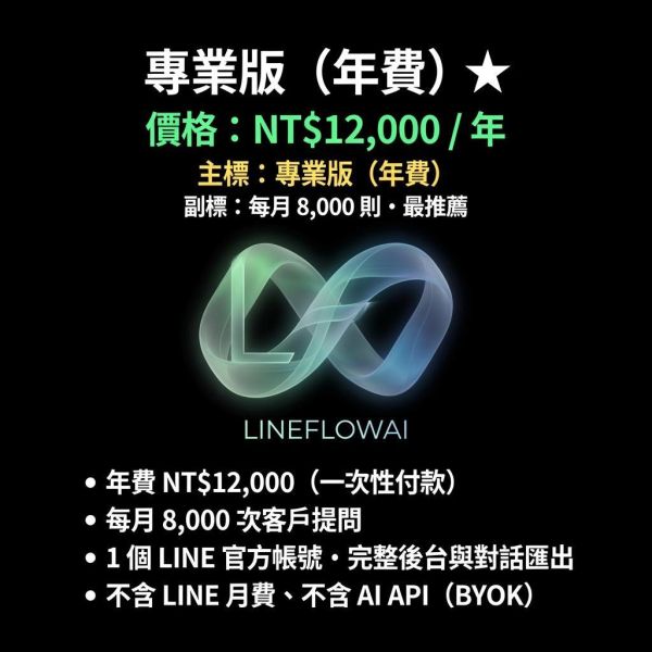 LineFlow 專業版（年費) 最推薦 LINE AI客服,LineFlow 季訂,標準級,12000,智能客服,官方帳號,lineflowai,emmasignal,艾瑪AI