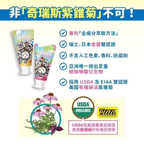 QRIOUS 奇瑞斯元氣小兒紫錐菊護齒膏 黃金柚風味 60g/條 (隨機出貨) 兒童乳牙專用 無添加色素香料 QRIOUS,奇瑞斯,兒童護齒膏,紫錐菊,乳牙專用,木糖醇,無添加色素,60g,台灣製