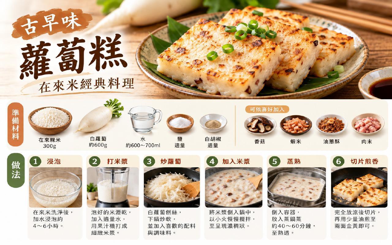 使用在來粿米製作古早味蘿蔔糕,從在來米浸泡、打成米漿、炒白蘿蔔、加入米漿、蒸熟到放涼切片煎香,完整整理在來米蘿蔔糕的製作步驟。