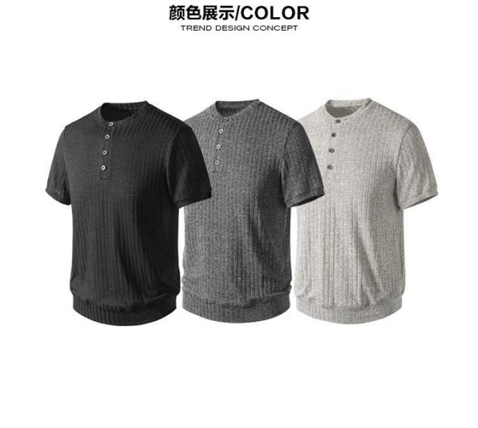 花紗紋感亨利領上衣 修身透氣、男款、短袖上衣