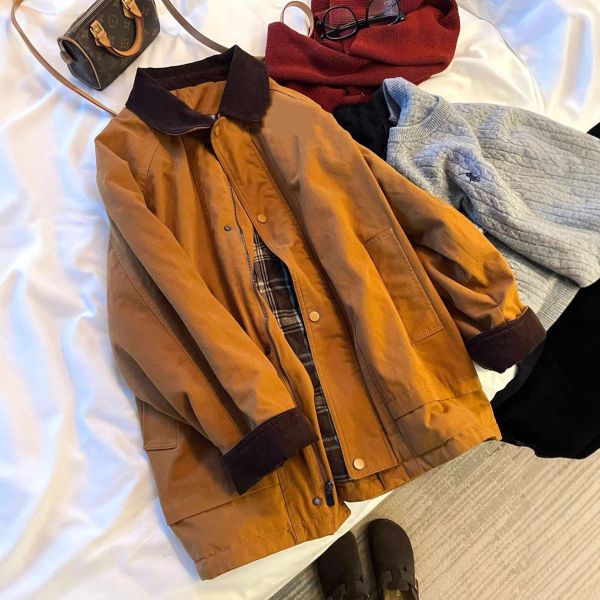 南瓜橘撞色翻領百搭工裝夾克外套 南瓜橘撞色翻領百搭工裝夾克外套