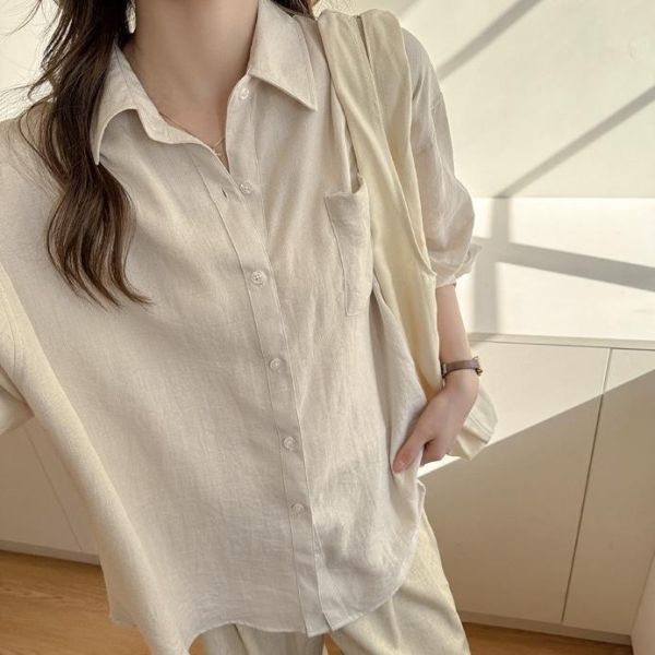 亞麻夏季防曬氣質純色襯衫上衣-6色 亞麻夏季防曬氣質純色襯衫上衣-6色