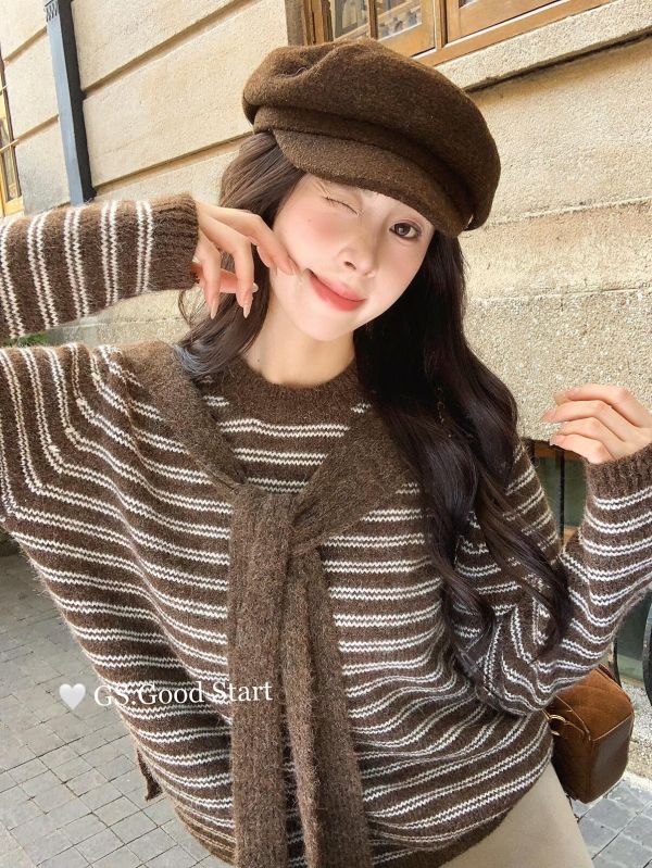 韓系條紋撞色針織衫（配披肩）-3色 韓系條紋撞色針織衫（配披肩）-3色