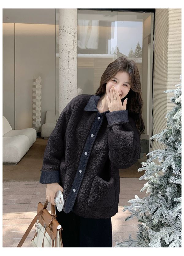 拼接牛仔設計感翻領仿羊毛保暖麂皮絨外套-3色 拼接牛仔設計感翻領仿羊毛保暖麂皮絨外套-3色