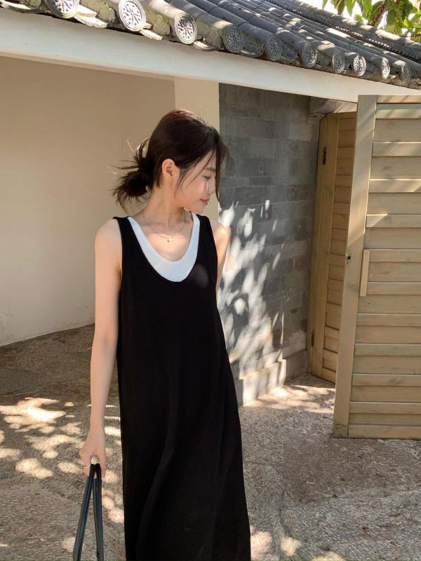 春夏極簡撞色拼接肌里棉連身裙-3色 春夏極簡撞色拼接肌里棉連身裙-3色