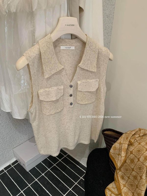 夏日慵懶鬆弛感polo領針織上衣+闊腿褲兩件套裝 夏日慵懶鬆弛感polo領針織上衣+闊腿褲兩件套裝