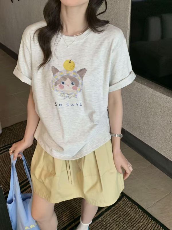 韓系ins小貓印花圓領T恤-2色 韓系ins小貓印花圓領T恤-2色