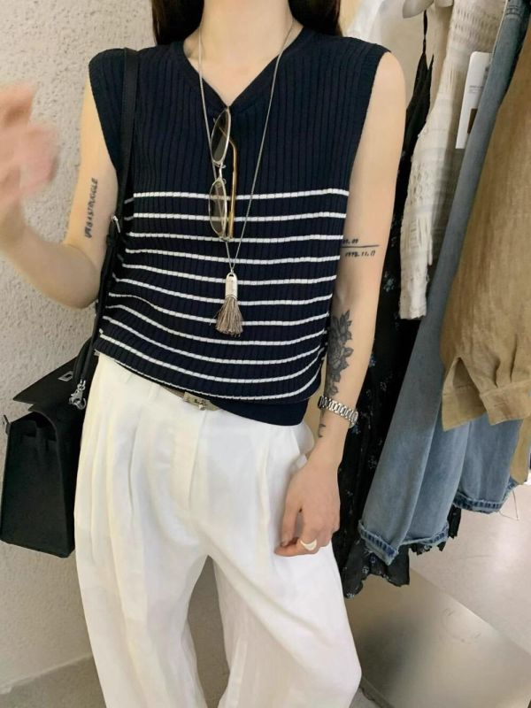 韓系撞色條紋顯瘦交叉露背針織背心-3色 韓系撞色條紋顯瘦交叉露背針織背心-3色