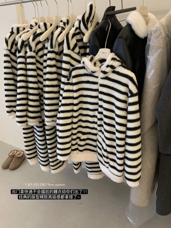 條紋加厚睡衣+鬆緊腰休閒褲套裝 條紋加厚睡衣+鬆緊腰休閒褲套裝