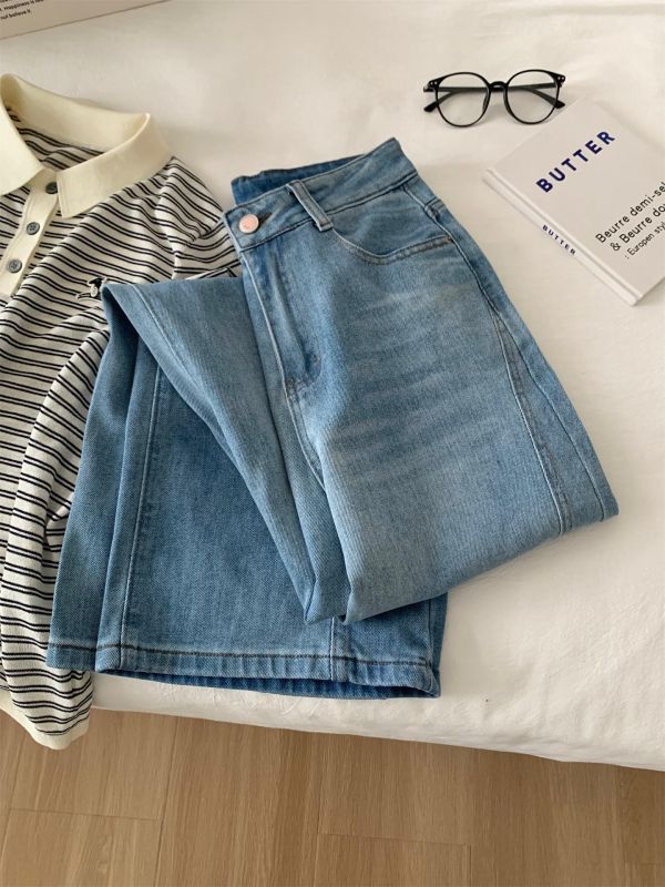 設計感拼接闊腿彎刀褲高腰顯瘦牛仔 設計感拼接闊腿彎刀褲高腰顯瘦牛仔