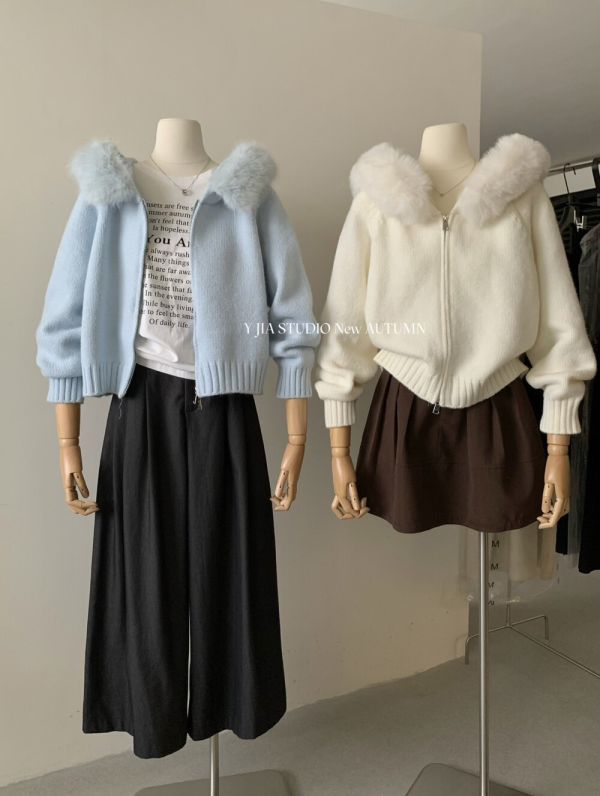 毛毛領可拆 多穿保暖連帽針織-5色 毛毛領可拆 多穿保暖連帽針織-5色