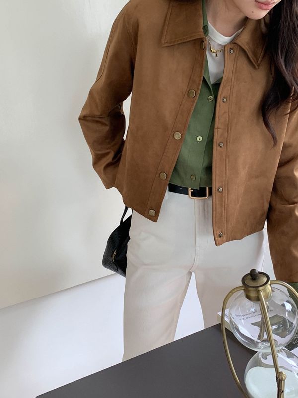 復古仿麂皮絨翻領顯瘦短款外套 復古仿麂皮絨翻領顯瘦短款外套