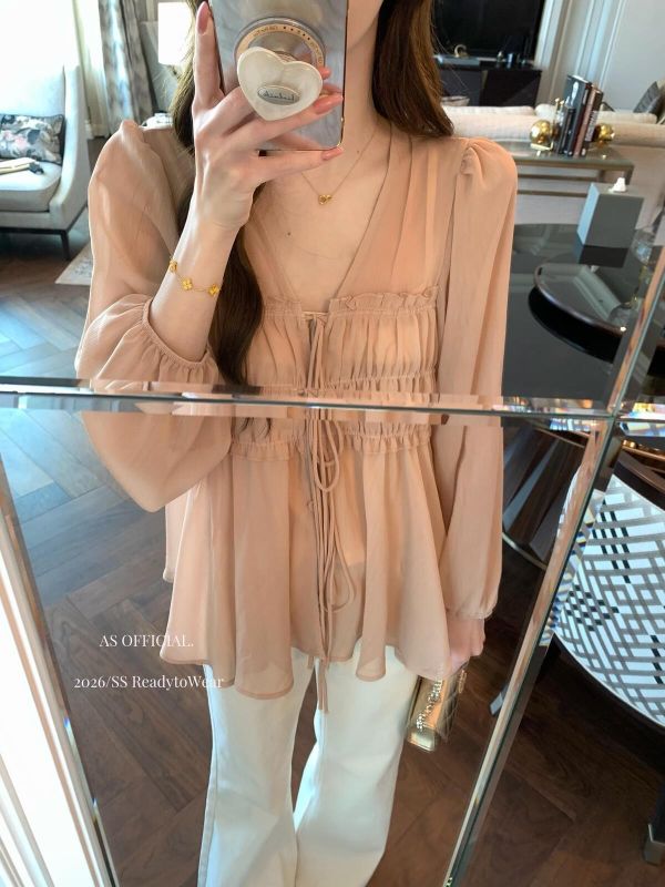 韓系褶皺領V繫帶+小背心兩件套-3色 韓系褶皺領V繫帶+小背心兩件套-3色