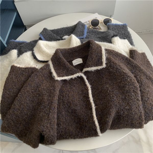 撞色翻領韓系鑲邊柔軟上衣罩衫-3色 撞色翻領韓需要鑲邊柔軟上衣罩衫-3色