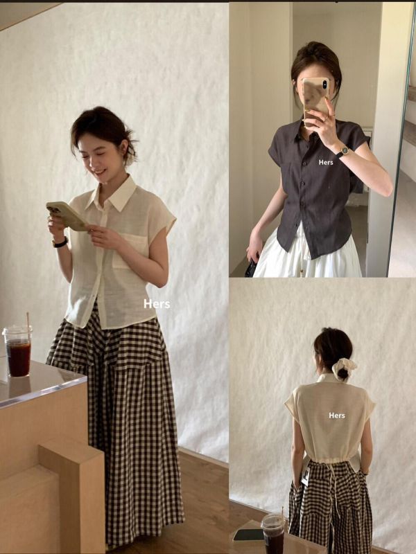 簡約風設計感收腰綁帶短款小飛袖襯衫-3色 簡約風設計感收腰綁帶短款小飛袖襯衫-3色