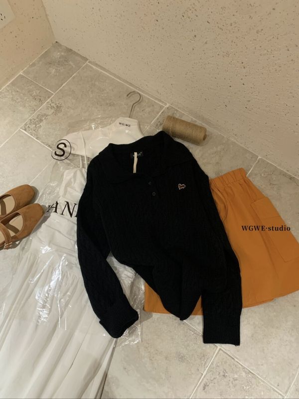 臘腸狗刺繡粗麻花百搭polo領針織毛衣-3色 臘腸狗刺繡粗麻花百搭polo領針織毛衣-3色