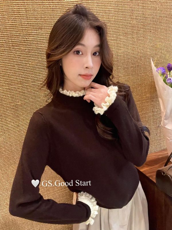 法式氣質柔軟蕾絲花邊高領針織衫-6色 法式氣質柔軟蕾絲花邊高領針織衫-6色