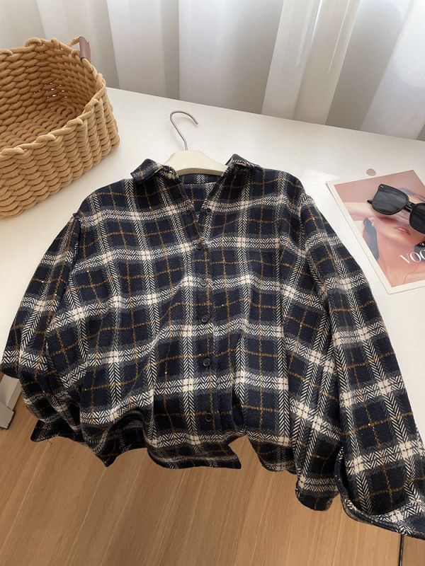 金絲勾線復古加厚格子襯衫外套-2色 金絲勾線復古加厚格子襯衫外套-2色