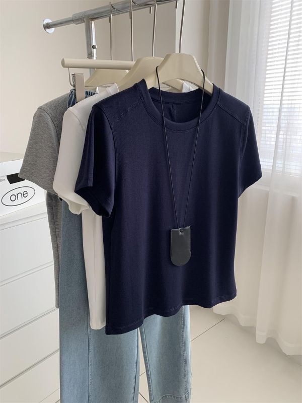 涼感雙縫線直角肩天絲圓領上衣-4色 涼感雙縫線直角肩天絲圓領上衣-4色