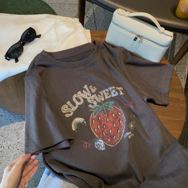 復古草莓印花寬鬆休閒薄雪花棉上衣 復古草莓印花寬鬆休閒薄雪花棉上衣