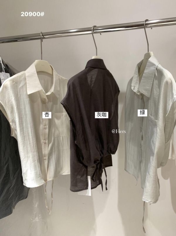 簡約風設計感收腰綁帶短款小飛袖襯衫-3色 簡約風設計感收腰綁帶短款小飛袖襯衫-3色