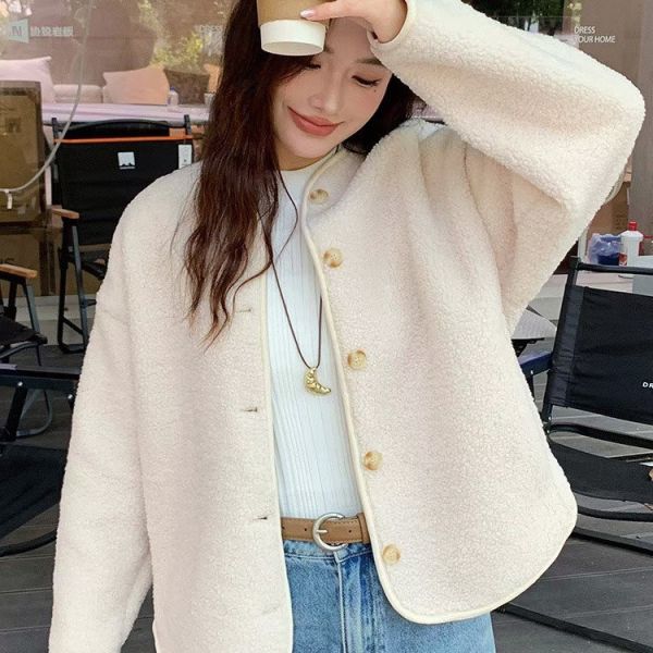 韓系仿羊羔絨圓領輕盈開衫外套-3色 韓系仿羊羔絨圓領輕盈開衫外套-3色